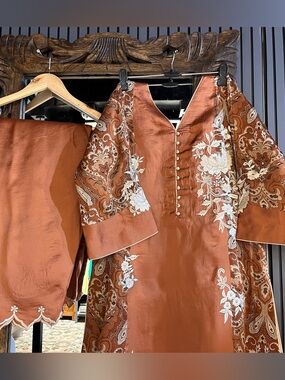 Embroidered Rust Satin Kurta Set with Paisley Sleeve Detail